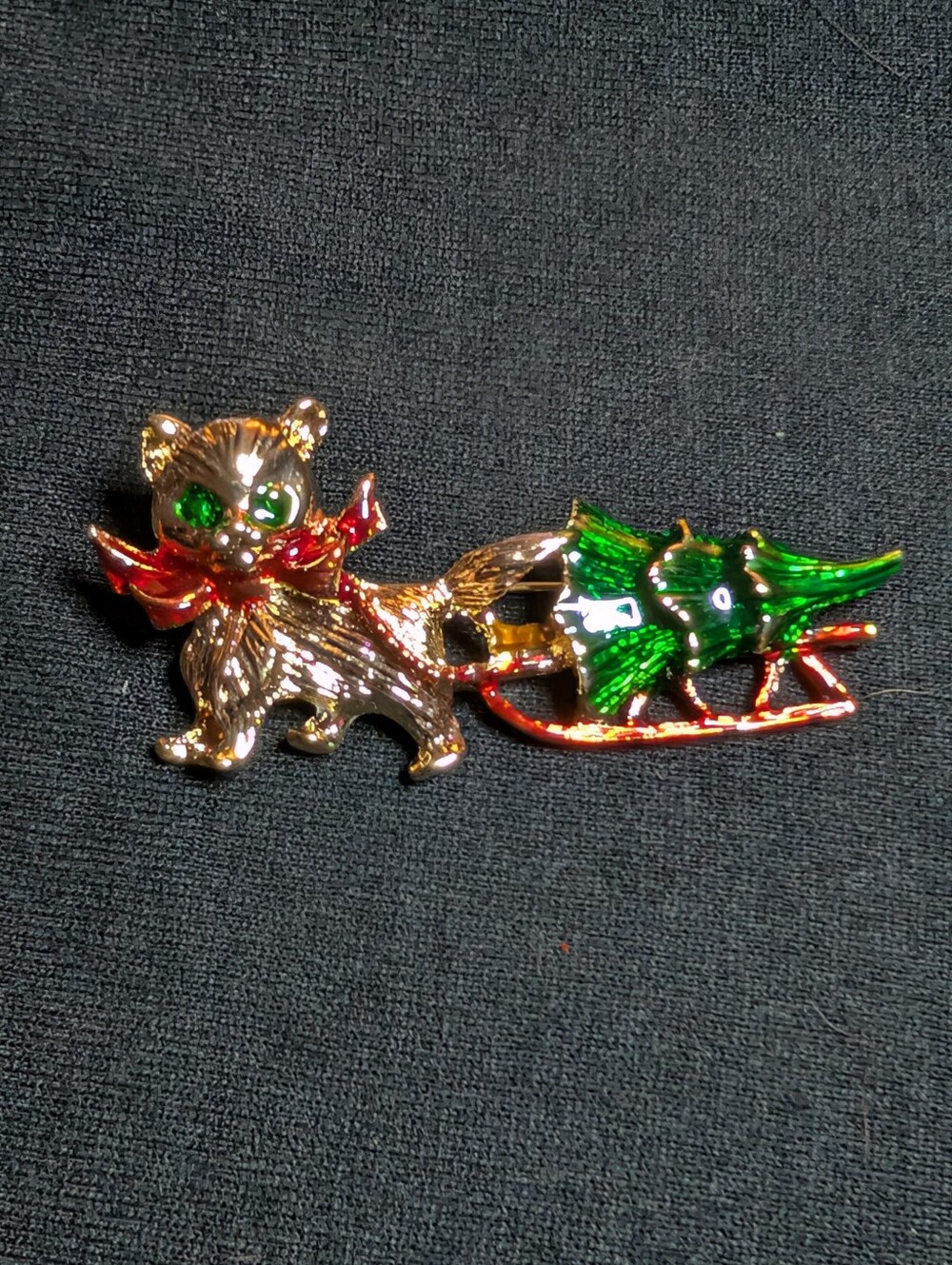 Festive Cat and Sleigh Enamel Brooch - Gold, Green, Red